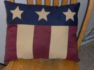 Americana pillow, burgundy, navy and tan stripes, appliqued stars on 