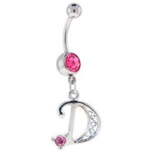   Passion Pink Jeweled INITIAL Dangle Belly Ring   LETTER D Jewelry