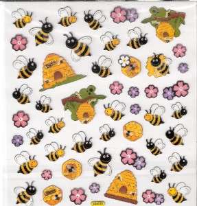 Cute Cute Bee, hive, flower stickers silver outline  