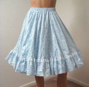 White Teal Blue Cotton Square Dance Circle Skirt M L Country Western 