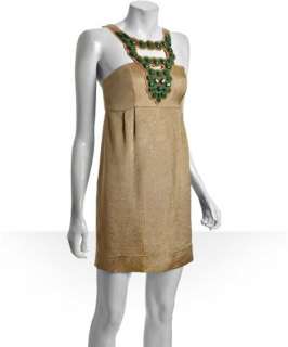 Shoshanna antique gold brocade green beaded empire dress