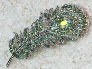 PERIDOT GREEN COLOR AB PEACOCK FEATHER PIN BROOCH F104  