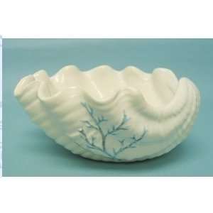 White Ceramic Shell Seashell Shaped Bowl with Blue and Tan Accent 