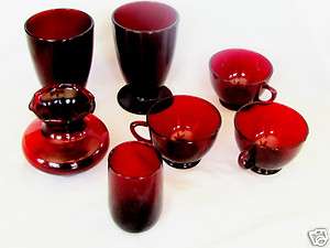 Antique lot of red ruby glass cups, vases, small glass, 1 vase has 