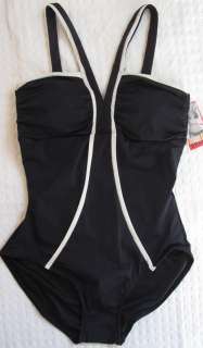 NWT SPANX Shapewear Swim Bathing Suit Black Chic Trim Deep V 