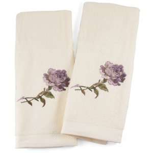  Ivory Cotton Hand Towel With Embroidered Purple Rose, Set 