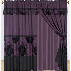  Purple Floral Flocking Curtain Set w/ Valance/Sheer 