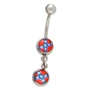  Logo Double Confederate Rebel Flag Dangle Belly Ring 316l 