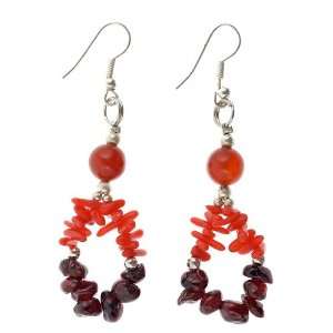   Handmade Red Garnet, Coral & Carnelian Silver Dangle Earrings Jewelry