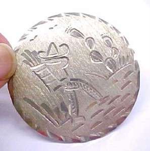 Mexican Etched Sterling Silver Brooch / Pendant 1 3/4  