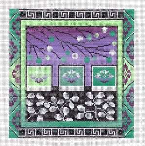   Asian Design in Purple & Teal handpainted Needlepoint Canvas ~ 6 Sq