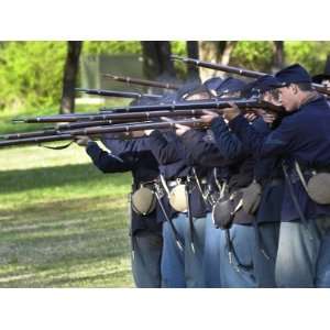  Union Infantry Reenactors Firing Their Rifles at Shiloh 