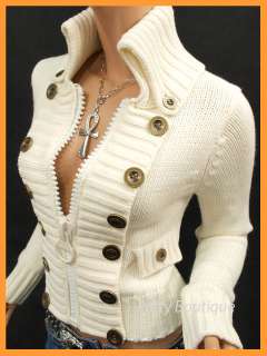 Smart Button Embellished Zip Front Cardigan Sweater  