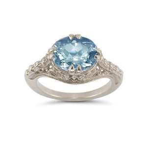  Vintage Rose Blue Topaz Ring in 14K White Gold Jewelry