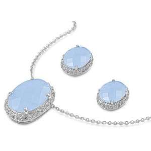Sterling Silver Pendant/Earring Set   Faceted Aquamarine Oval, Clear 