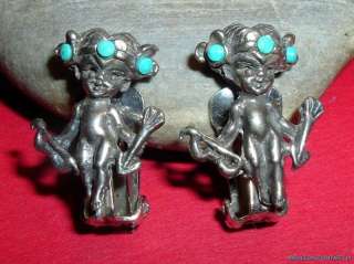 VINTAGE SILVER TURQUOISE CUPID CLIP ON EARRINGS  