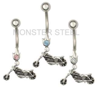 Lot of 3 Fire Dangle Gem Motorcycle Belly Ring chopper  