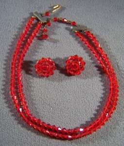 ANTIQUE 2 STRAND RUBY RED GLASS BEAD NECKLACE EARRINGS  