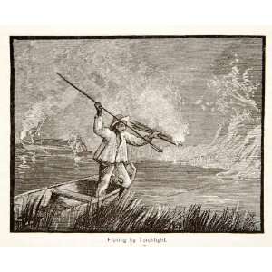  1879 Wood Engraving Brazilian Torchlight Spear Fishing 