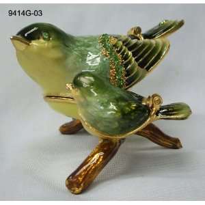   Two Green Birds On Branch Jewelry Trinket Box 2.5in H