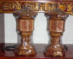 Pair of Sandal Wood Lotus Tower Carving Lamps s2838  