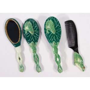   Handpainted Green Frog Hair Brush Mirrow Comb Set (Set of 3) Beauty