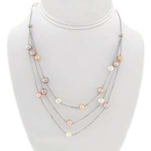   Silver Three Strand Genuine Multi Color Pearl Necklace Jewelry