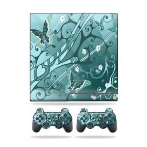   Sony Playstation 3 PS3 Slim Skins + 2 Controller Skins Butterfly Blues