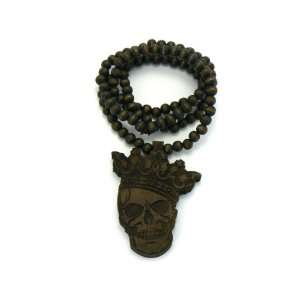  Brown Wooden King Skull Pendant With a 36 Inch Necklace Chain 